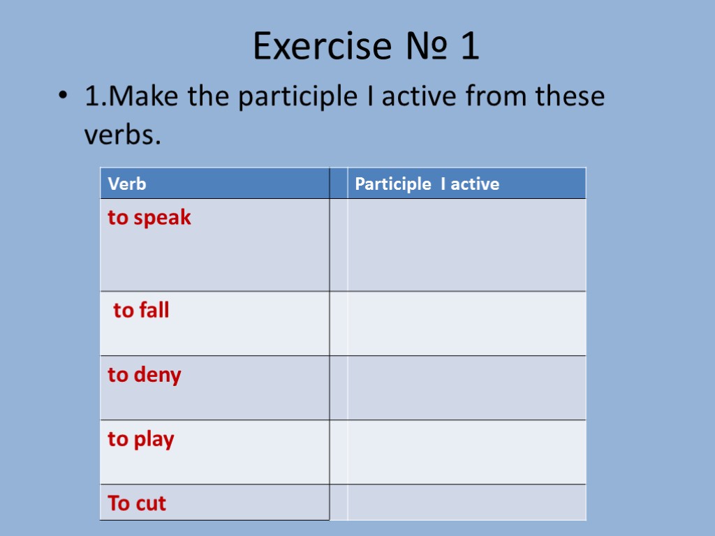 Exercise № 1 1.Make the participle I active from these verbs.